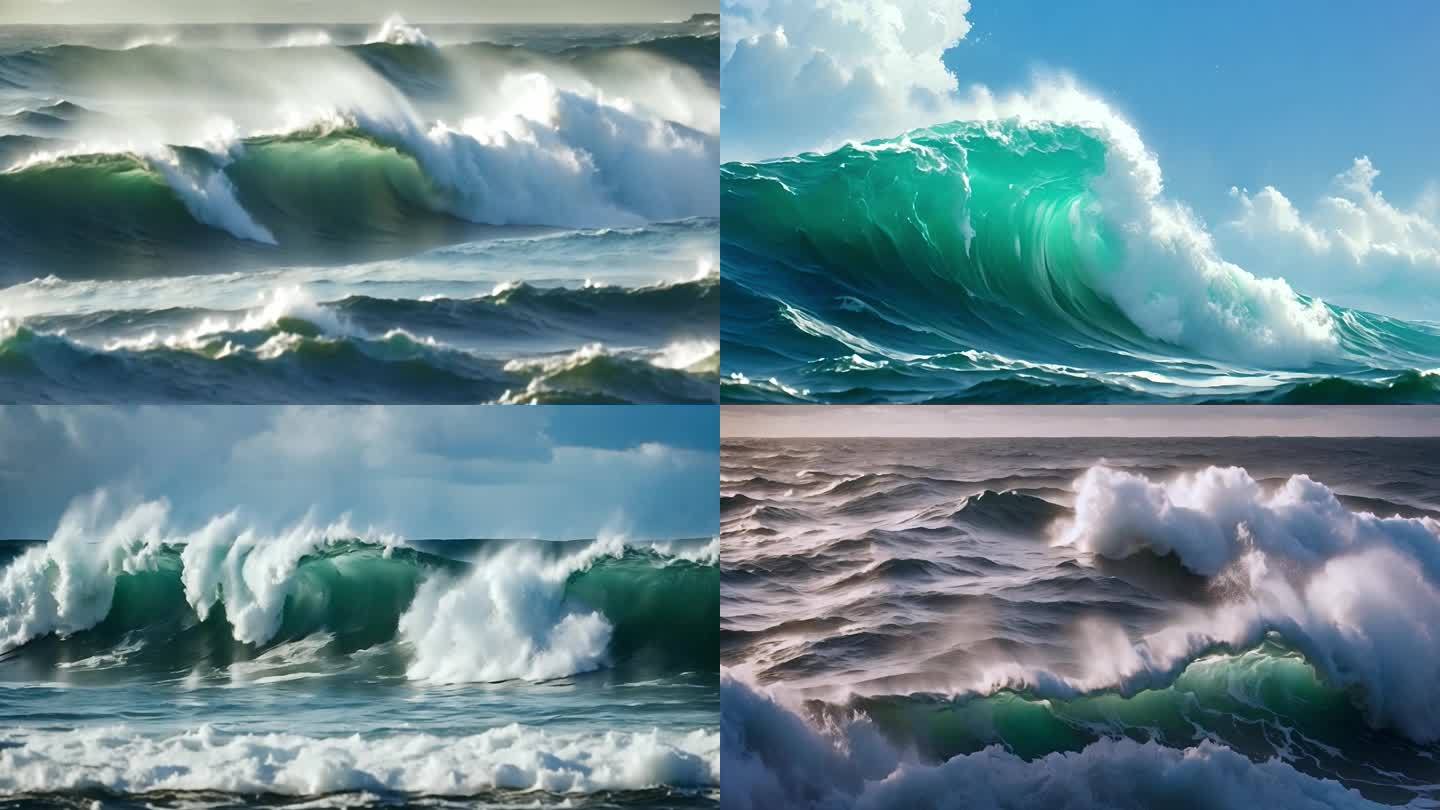 海洋浪花大海巨浪浪翻滚冲击空镜头