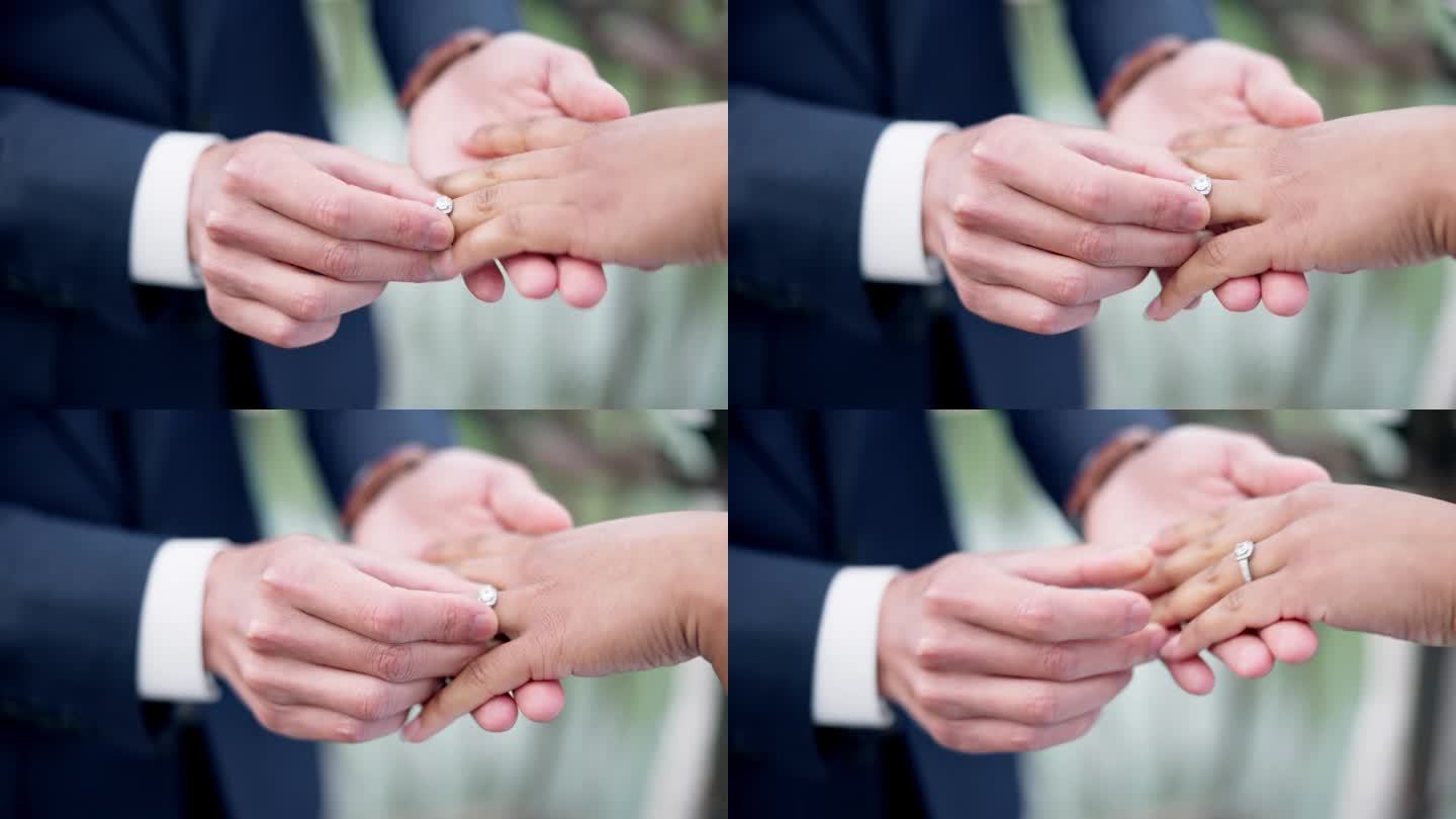 一对夫妇，手和戒指代表结婚，爱情或婚礼仪式，共同承诺或支持。人们结婚的特写，誓言或配件，象征着纽带，