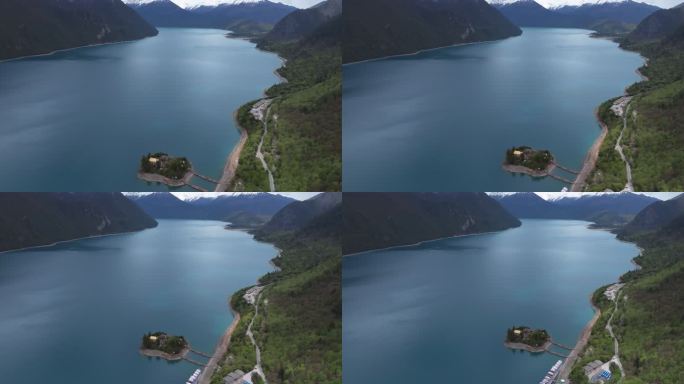 西藏林芝地区巴松错村庄神湖春色高空航拍