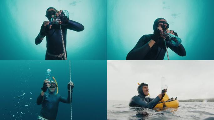 年成为了实验。一名自由潜水员将塑料瓶装满空气，然后上升到水面