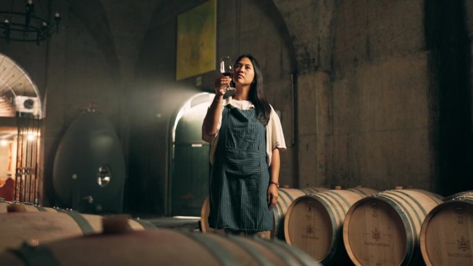 女士，在葡萄园、工厂或仓库用酒桶品尝和测试一杯葡萄酒。酒庄、侍酒师和品质保证的液体，是一种饮品和体验