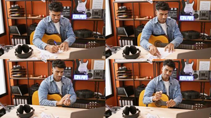 一名西班牙裔男子在音乐工作室沮丧地揉纸，拿着吉他和“正在播放”的牌子。