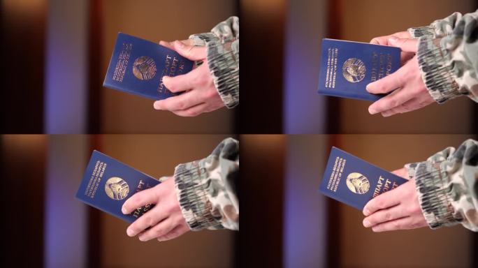 一名身着军装的男子正在检查旅游证件