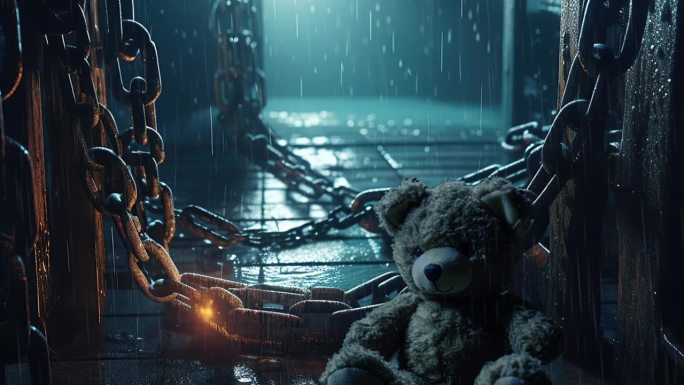 雨夜场景中被遗弃的泰迪熊