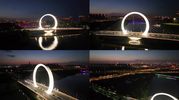 4k航拍郑州蝶湖戒指桥网红桥城市夜景