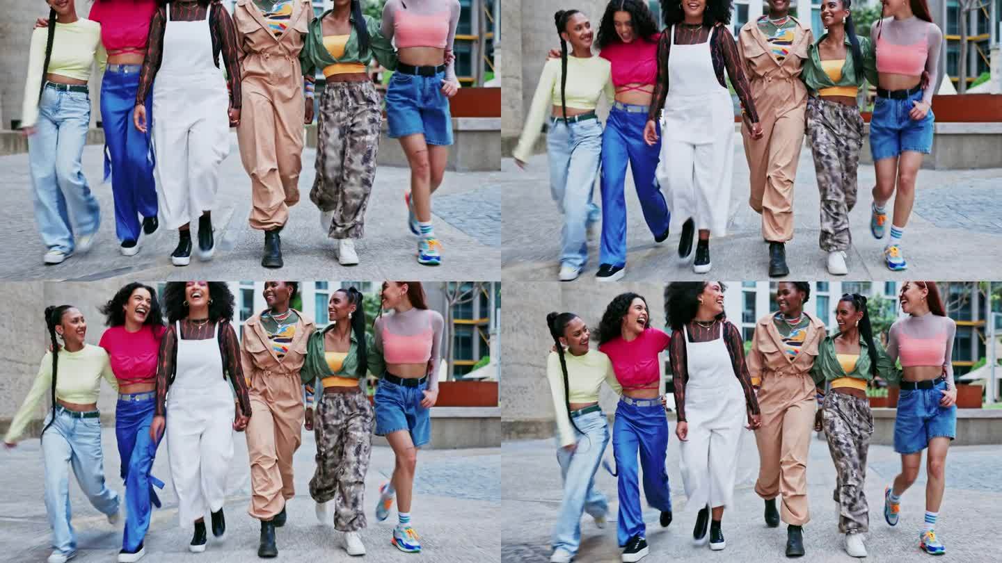 美腿，女人走路与街头装，时尚与朋友户外与快乐与运动鞋。年轻的模特群体，都市时尚新潮的服饰，活力与欢笑