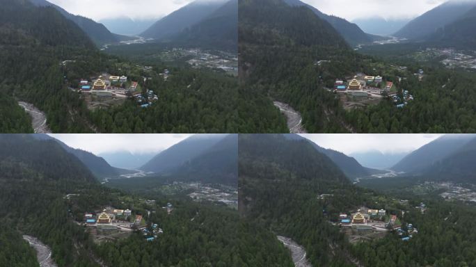 西藏林芝地区波密县城寺庙雪山高空航拍