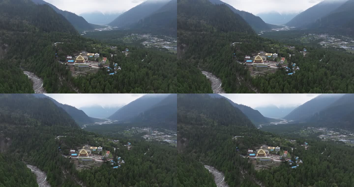 西藏林芝地区波密县城寺庙雪山高空航拍
