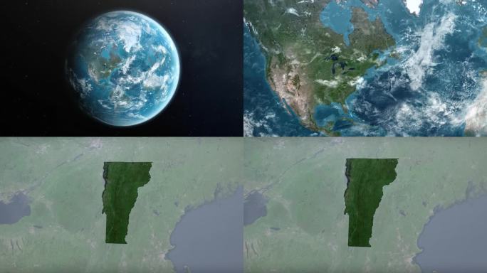 从地球上放大到美国佛蒙特州。美利坚合众国的卫星图像。电影世界地图动画从外太空到领土。美国的概念，亮点
