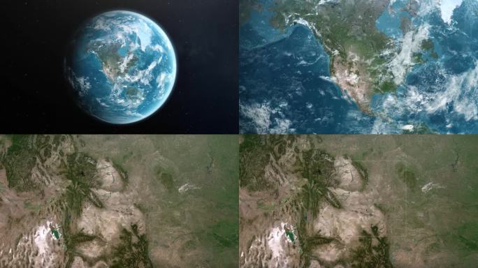从地球上放大到美国怀俄明州。美利坚合众国的卫星图像。电影世界地图动画从外太空到领土。美国的概念，亮点