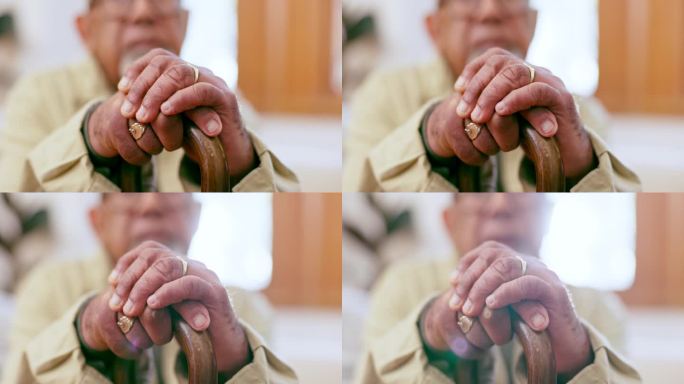 手杖，手和残疾老人在家支持，医疗保健或退休生病。特写，孤独的老人和援助木手杖为帕金森，关节炎或帮助康