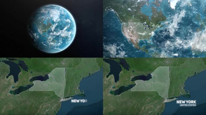 从地球上放大到美国纽约。美利坚合众国的卫星图像。电影世界地图动画从外太空到领土。美国的概念，亮点，全