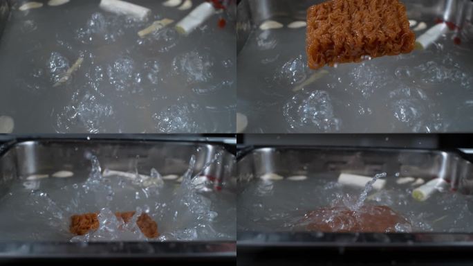 方便面掉入沸腾汤锅水花溅起超高速慢镜头
