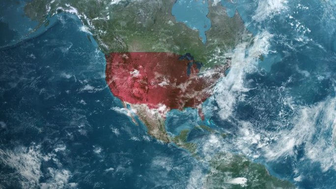从地球上放大到美国俄克拉荷马州。美利坚合众国的卫星图像。电影世界地图动画从外太空到领土。美国的概念，
