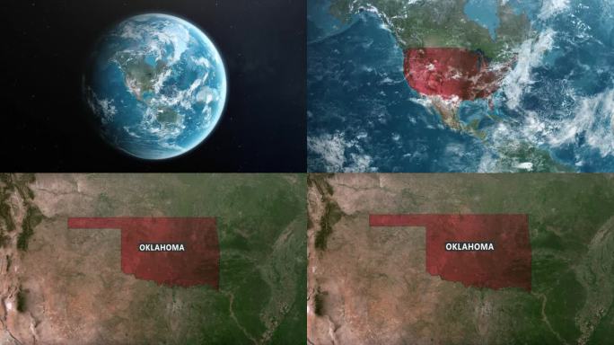 从地球上放大到美国俄克拉荷马州。美利坚合众国的卫星图像。电影世界地图动画从外太空到领土。美国的概念，