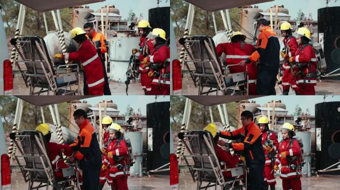 安全人员协助受伤消防员训练事故的快速反应