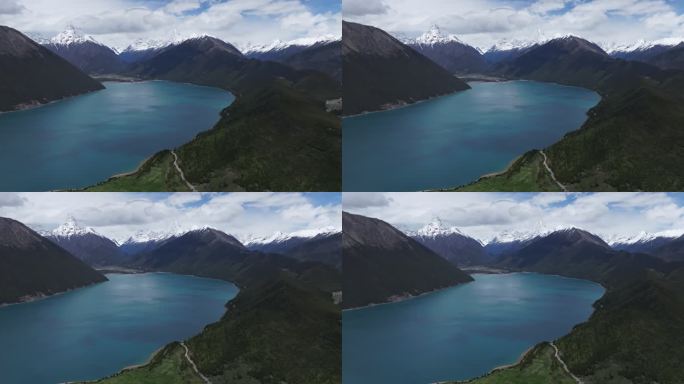 西藏林芝地区巴松错村庄神湖春色高空航拍