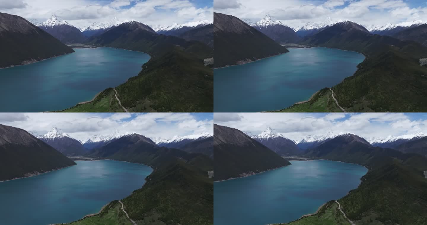 西藏林芝地区巴松错村庄神湖春色高空航拍