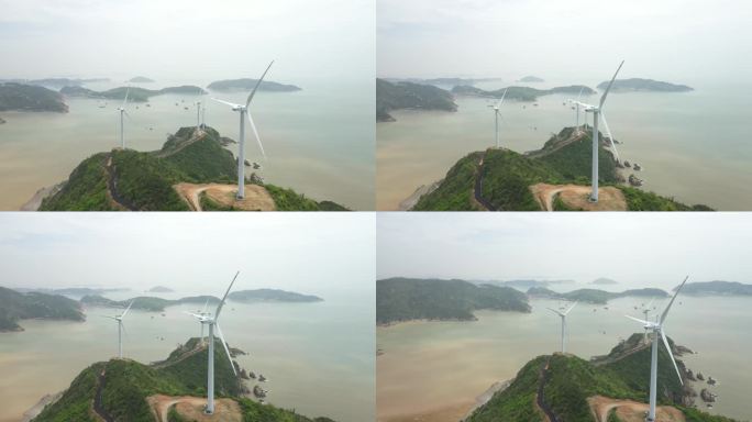 无人机拍摄的广东泰山川岛上川岛风电场在一个雾天，中国
