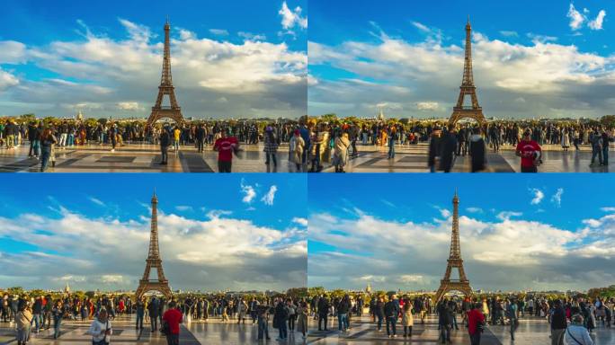 游客步行和观光景点埃菲尔铁塔在夏季，在巴黎夏约宫，法国，旅游和旅游目的地概念