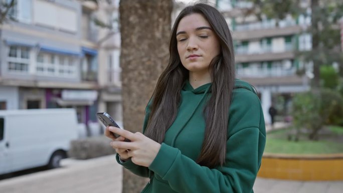 一位身穿绿色卫衣的黑发西班牙裔年轻女子在城市街道上全神贯注地玩着她的智能手机。