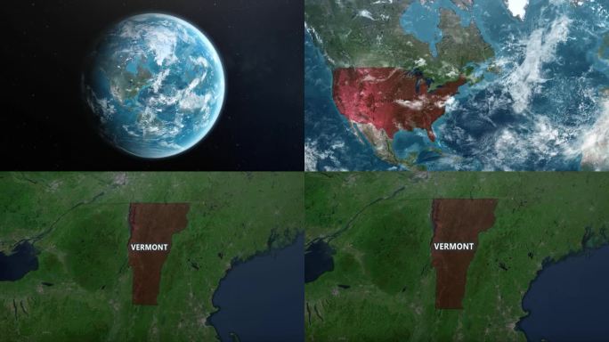 从地球上放大到美国佛蒙特州。美利坚合众国的卫星图像。电影世界地图动画从外太空到领土。美国的概念，亮点