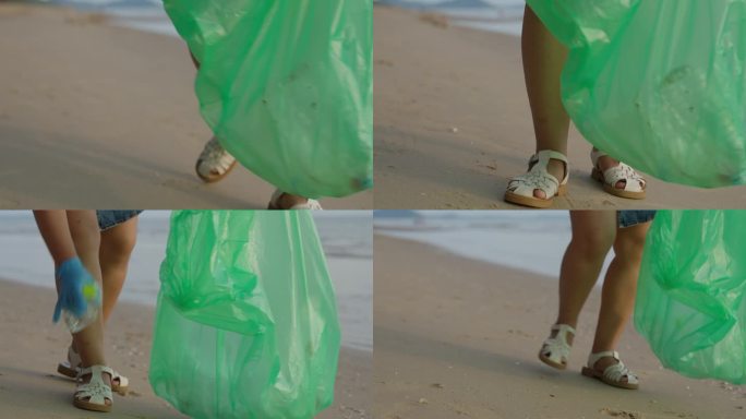 一个年轻女子正在海滩上捡垃圾。