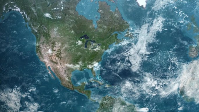 从地球上放大美国弗吉尼亚州。美利坚合众国的卫星图像。电影世界地图动画从外太空到领土。美国的概念，亮点