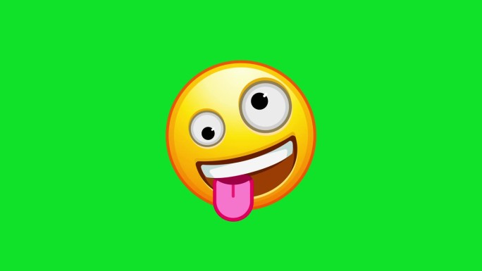 小丑emoji。愚蠢的表情符号，疯狂的眼睛和舌头。黄色表情符号。动画Emoji。Alpha通道，透明