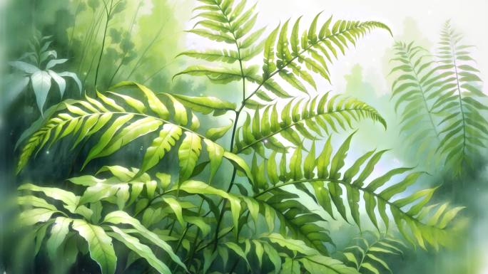4K唯美卡通油画手绘绿色植物自然下雨背景