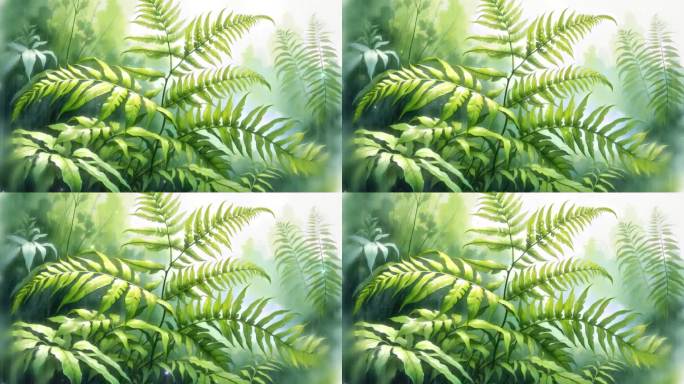 4K唯美卡通油画手绘绿色植物自然下雨背景