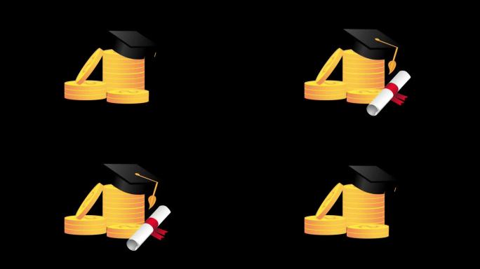 黑色毕业帽教育成就庆祝动画与阿尔法频道。