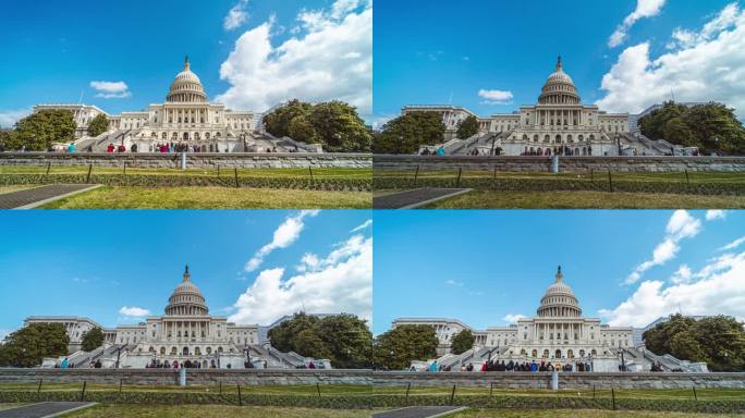 美国华盛顿特区的美国国会大厦和花园与人群和游客散步和观光景点的时间流逝