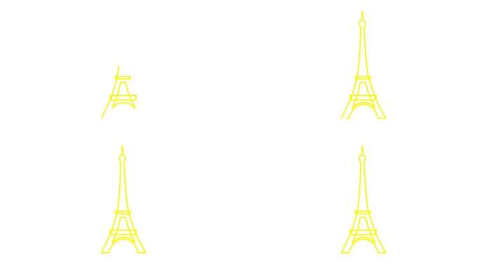 画出了黄色的埃菲尔铁塔。法国的线形符号。毛圈的视频。巴黎的概念，旅行，旅行，建设，旅程。线矢量插图孤