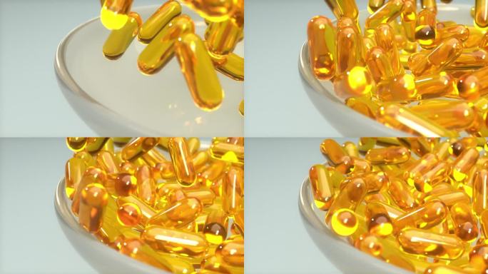胶囊金油或维生素E凝胶补充品，欧米伽3鱼油，保健药房医疗概念，3D渲染