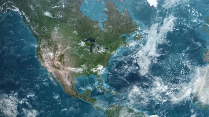 从地球上放大到美国西弗吉尼亚州。美利坚合众国的卫星图像。电影世界地图动画从外太空到领土。美国的概念，