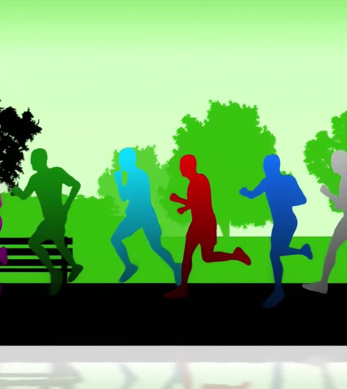 一群人的彩虹剪影在绿色的公园里奔跑
