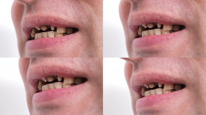 详细特写的男性口腔与不健康和受损的牙齿，不良的牙齿健康观念