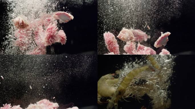 火锅食材郡肝对虾掉入水中水下拍摄创意视频