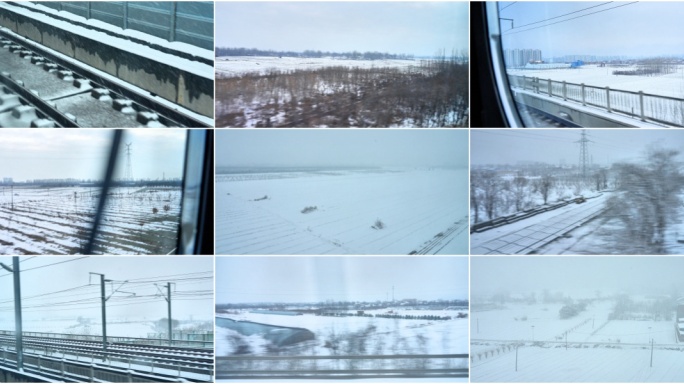 冬季北方高铁窗外下雪雪景 下大雪高铁运行