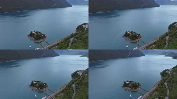 西藏林芝地区巴松错村庄神湖春色高空航拍