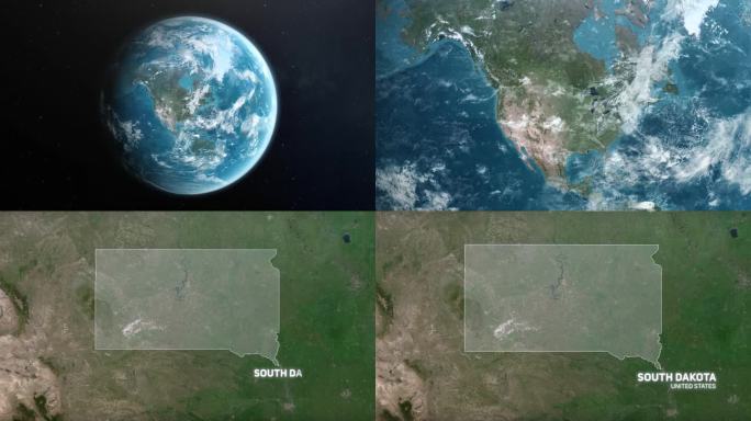 从地球上放大到美国南达科他州。美利坚合众国的卫星图像。电影世界地图动画从外太空到领土。美国的概念，亮