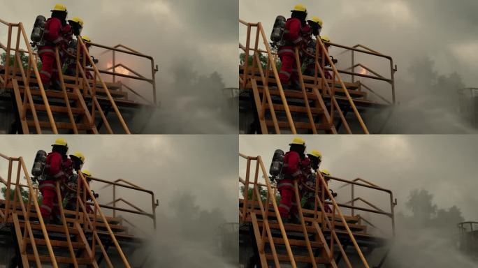 通过模拟天然气管道或石油管道的工业厂房的消防控制，进行高级灭火训练的消防员团队合作。