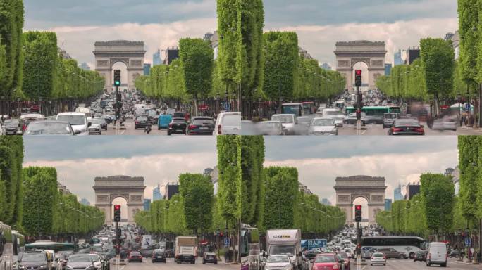 2019年5月4日，法国巴黎:凯旋门和香榭丽舍大街的交通和城市天际线的时间流逝