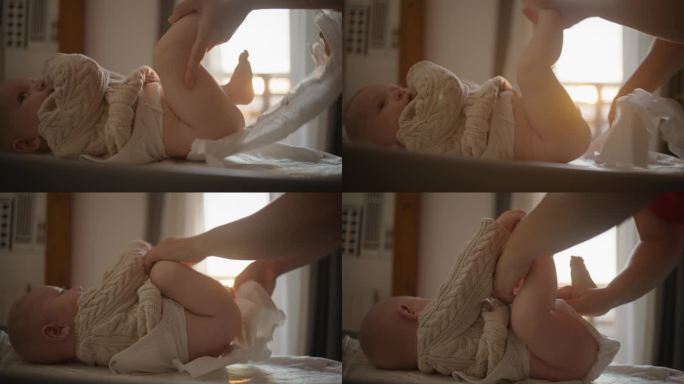 一个母亲晚上的例行公事:黄昏降临时换尿布的温柔时刻，沐浴在温暖和关怀中