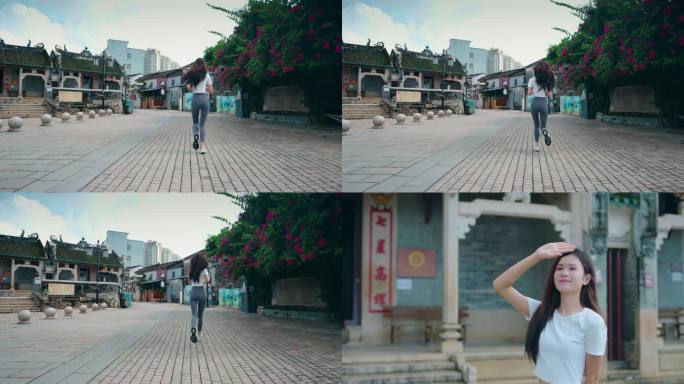 古建筑女孩游览跑步古村落意境中国风