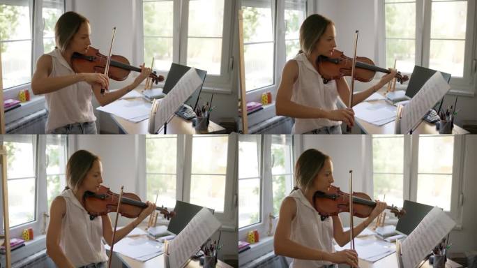 年轻的女小提琴家在家里练习小提琴