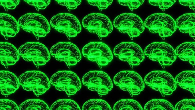 许多黑色背景上的绿色全息人脑图。