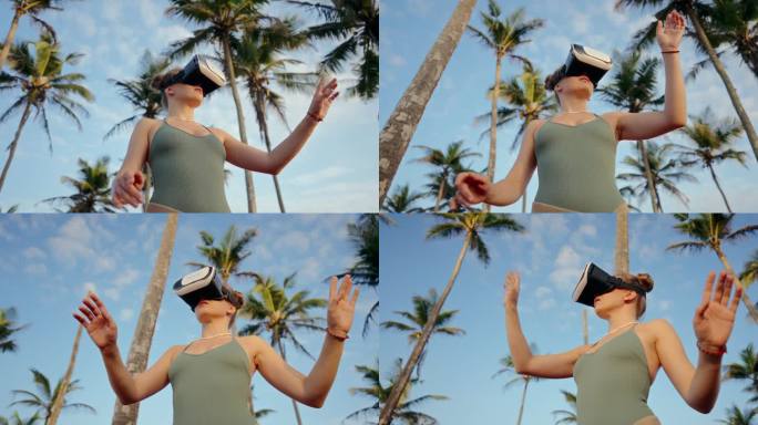 一名女子在棕榈树中使用VR耳机探索虚拟世界。数字世界的沉浸式体验。手势表示与虚拟环境的互动和参与。缓
