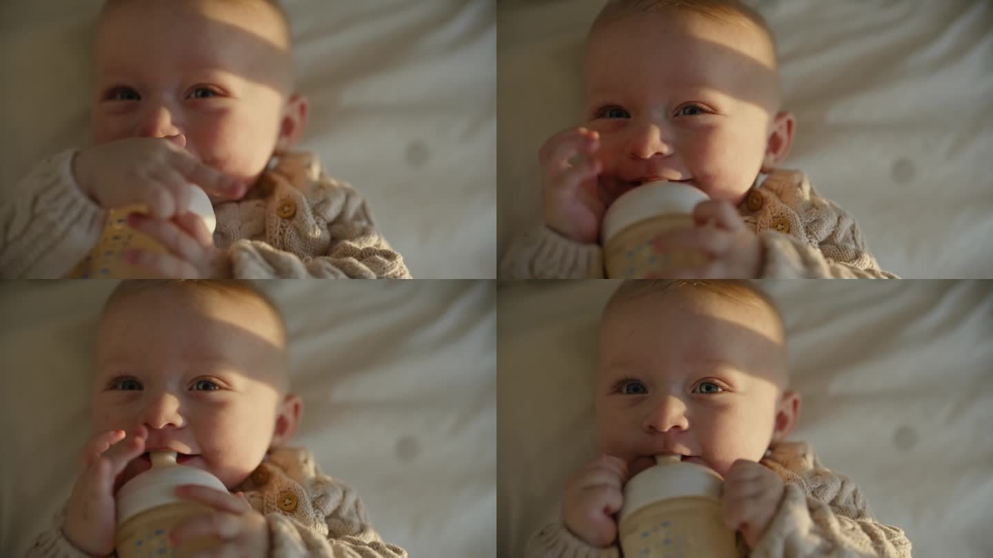 健康的婴儿营养:男婴在婴儿床里喝牛奶时对着镜头微笑